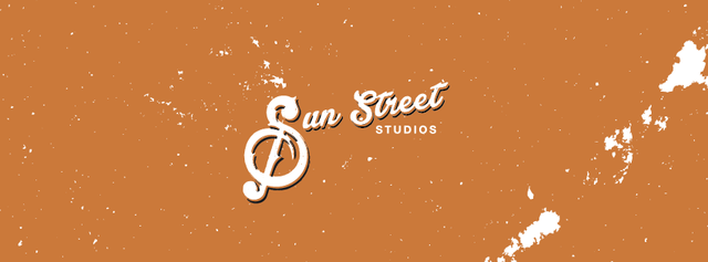 Sun Street Studios logo, white on a tan background, vintage script