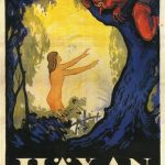 poster for Haxan, shows women reaching up to a red devil on a tree branch above