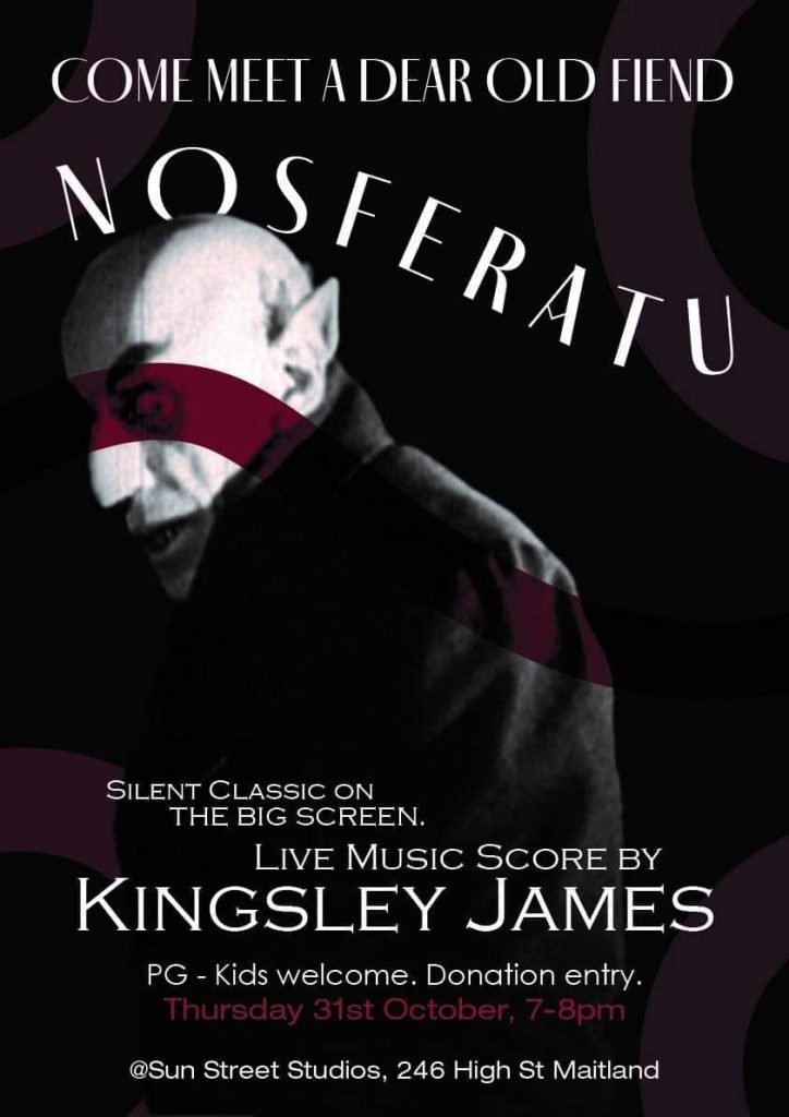 Scary poster saying Nosferatu with and a creepy vampire guy and details of the show time which is also in print on the page.